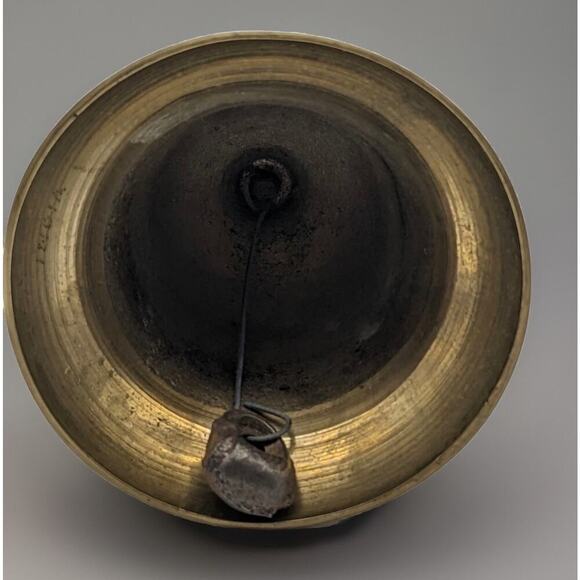 VTG Hand Held Brass w Wood Handle School Dinner Bell 9" India Signal Etched NICE - Picture 9 of 12